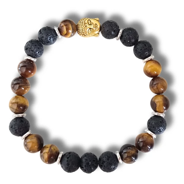 Lávakő karkötő tigrisszemmel és arany Buddhával