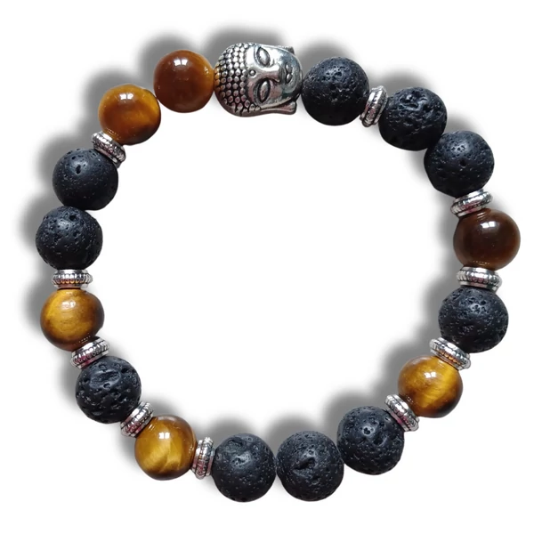 Lávakő karkötő tigrisszemmel és Buddhával