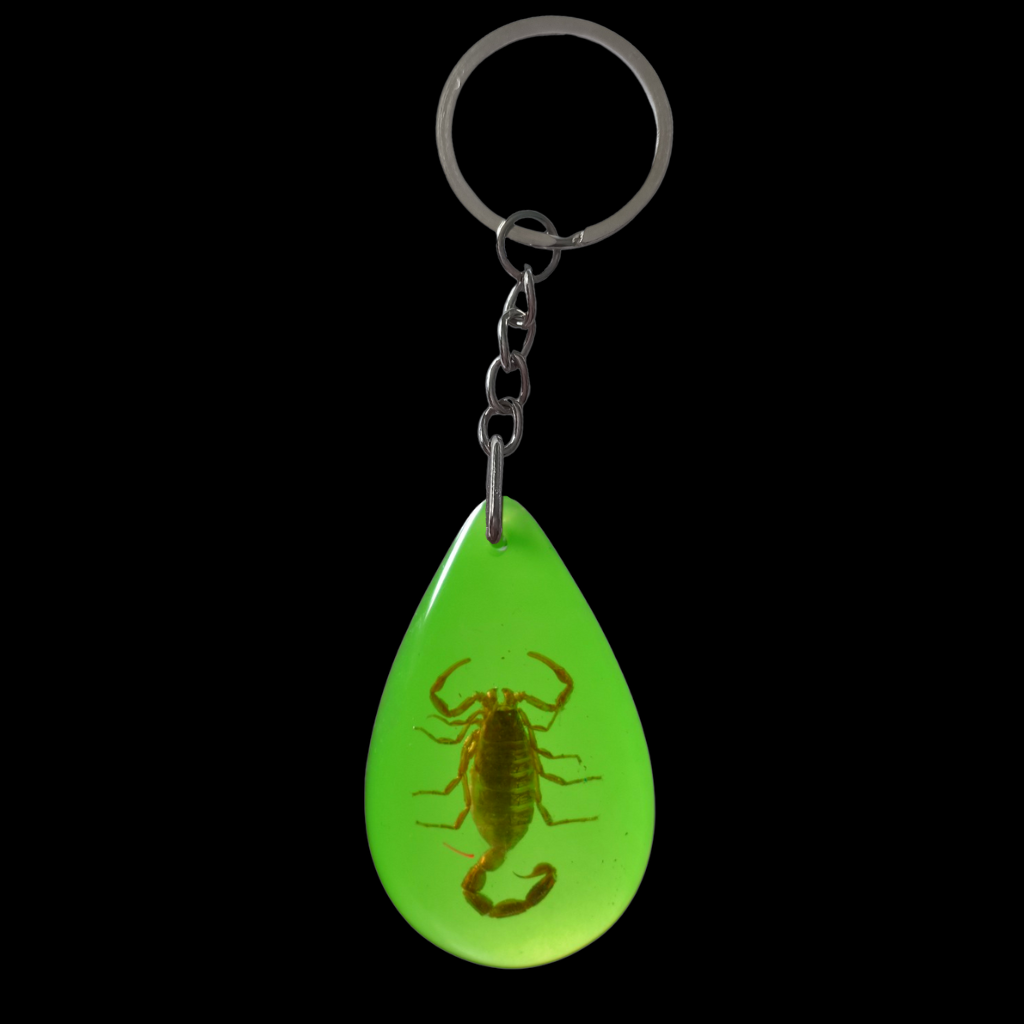 Skorpiós kulcstartó zöld műgyantában